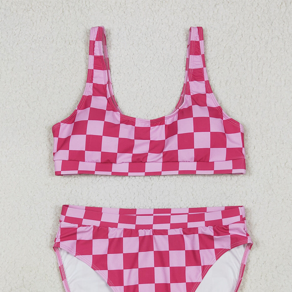 S0561+S0560 RTS NO MOQ Adult Women's Swimsuit Adult Women Pink Checkered Bra Swim Top Adult Women Pink Checkered Swim Bottom Sets