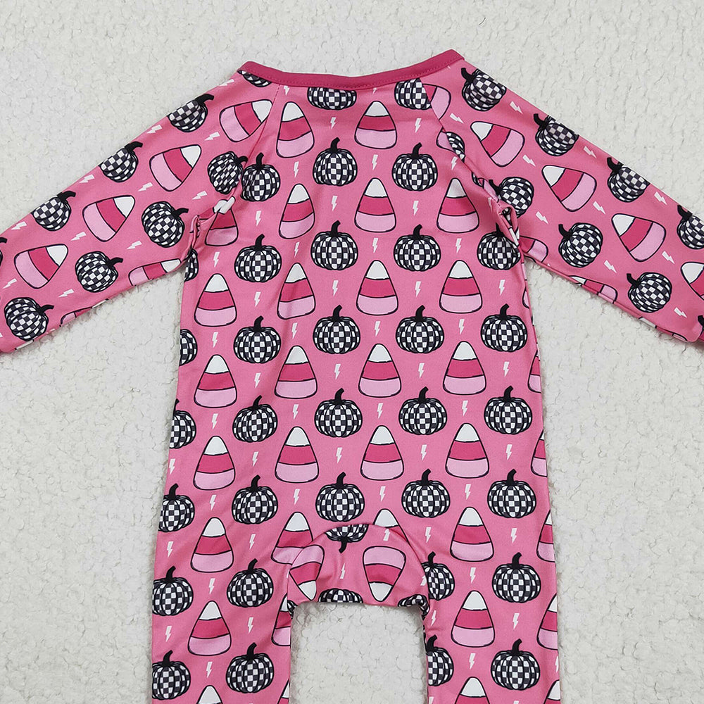 RTS NO MOQ (In stock)LR2467Baby Girls Winter Rompers Baby Girls Fall Pumpkins Candy Zipper Footie Rompers