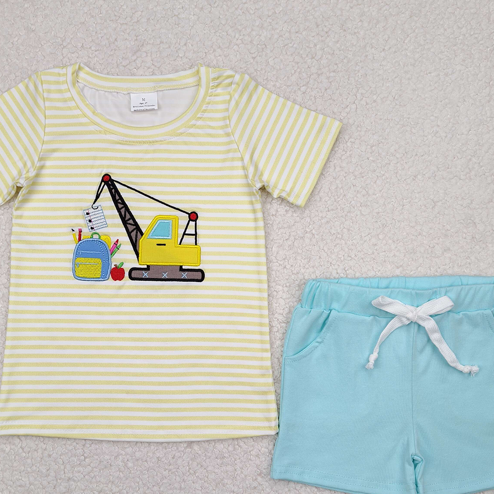 BSSO1417RTS NO MOQ Baby Boys Summer Boys Outfits Constructions apple book top shorts boys back to school clothes