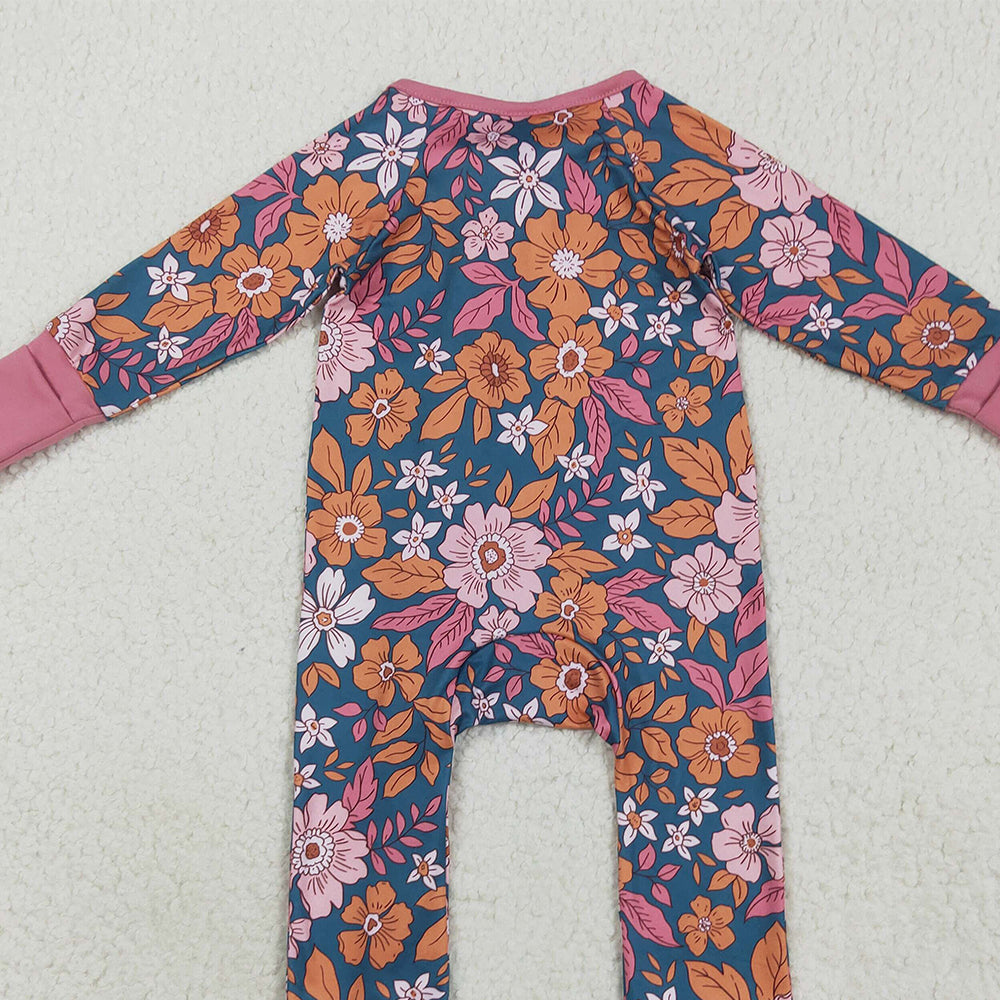 8.25 RTS NO MOQ (In stock)LR2244 Baby Girls Winter Rompers Baby Girls Lavender Long Sleeves Floral Zipper Rompers