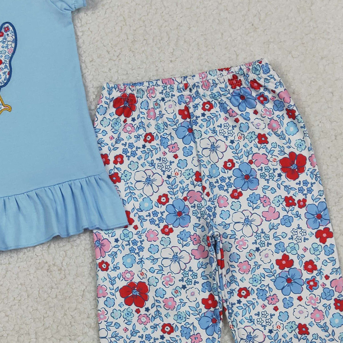 1.31 RTS NO MOQ (In stock)GSPO2261 Embroidery Floral Chick Baby Girls Tunic Ruffle Pants Farm Clothes Set