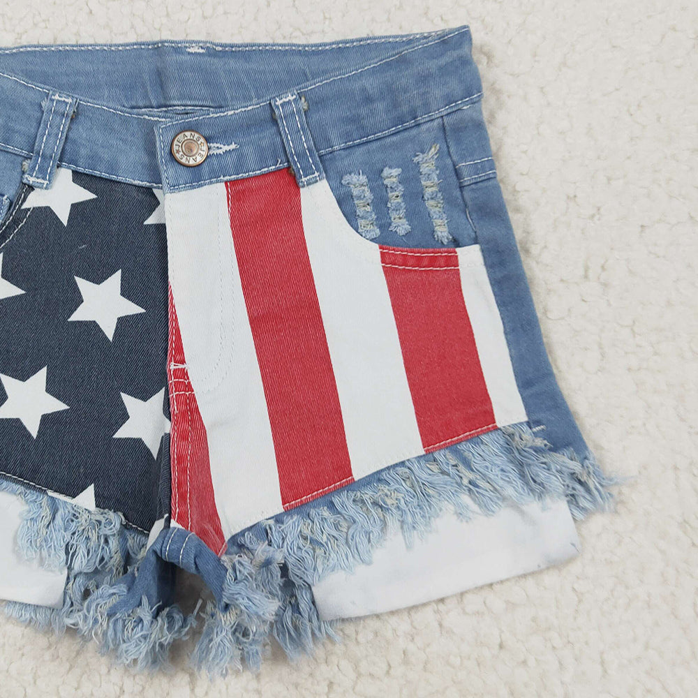 NC0003 RTS NO MOQ Baby Girls Denim Pants Baby Girls 4th Of July Sibling Sister Denim Shorts