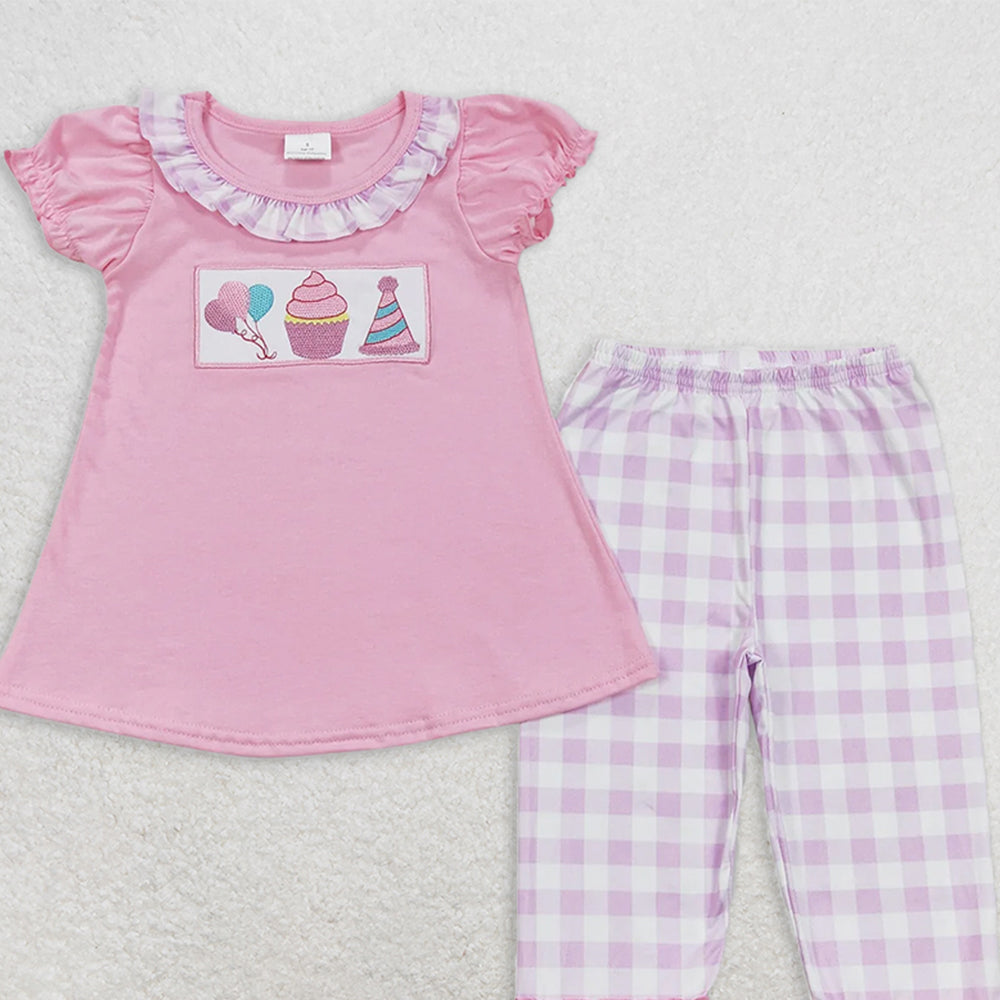 GSPO0960 RTS NO MOQ Baby Girls Spring Outfits Embroidered balloon cake birthday hat pink short-sleeved purple and white plaid trousers suit