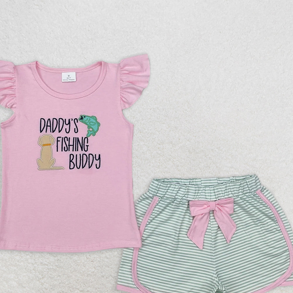 GSSO1673RTS NO MOQ Baby Girls Summer Outfits Pink daddy's fishing buddy top stripe shorts girls clothes