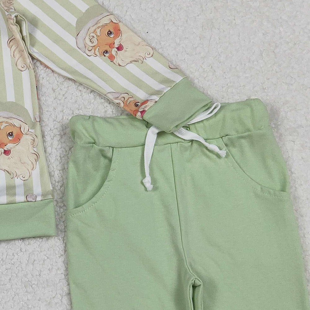 10.1 RTS NO MOQ (In stock)BLP1074 Baby Boys Winter Outfits Baby Boys Green Stripe Santa Top Pockets Pants Christmas Clothes Sets