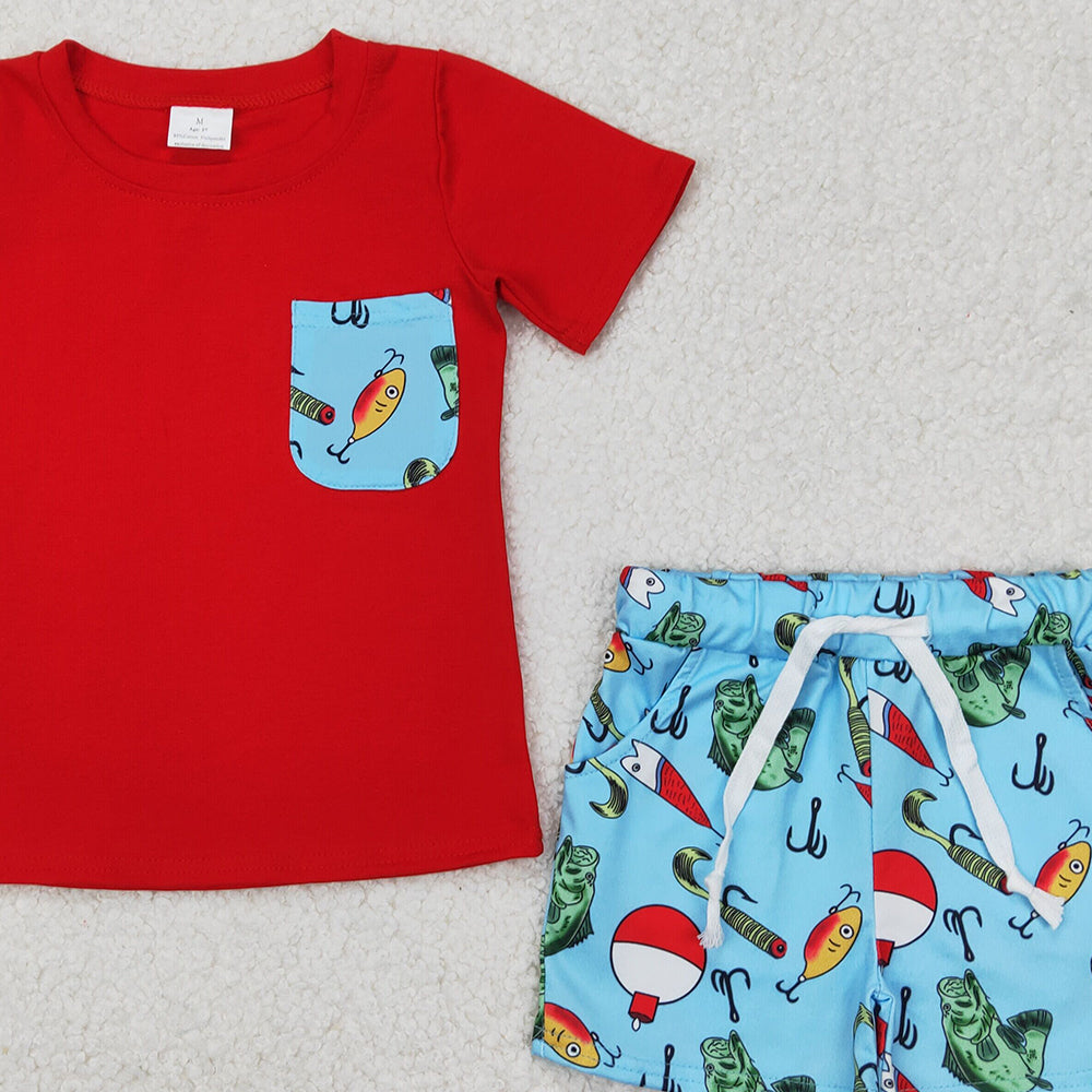4.18 BSSO1289 RTS NO MOQ Red short sleeves pocket top fishing shorts boys clothes