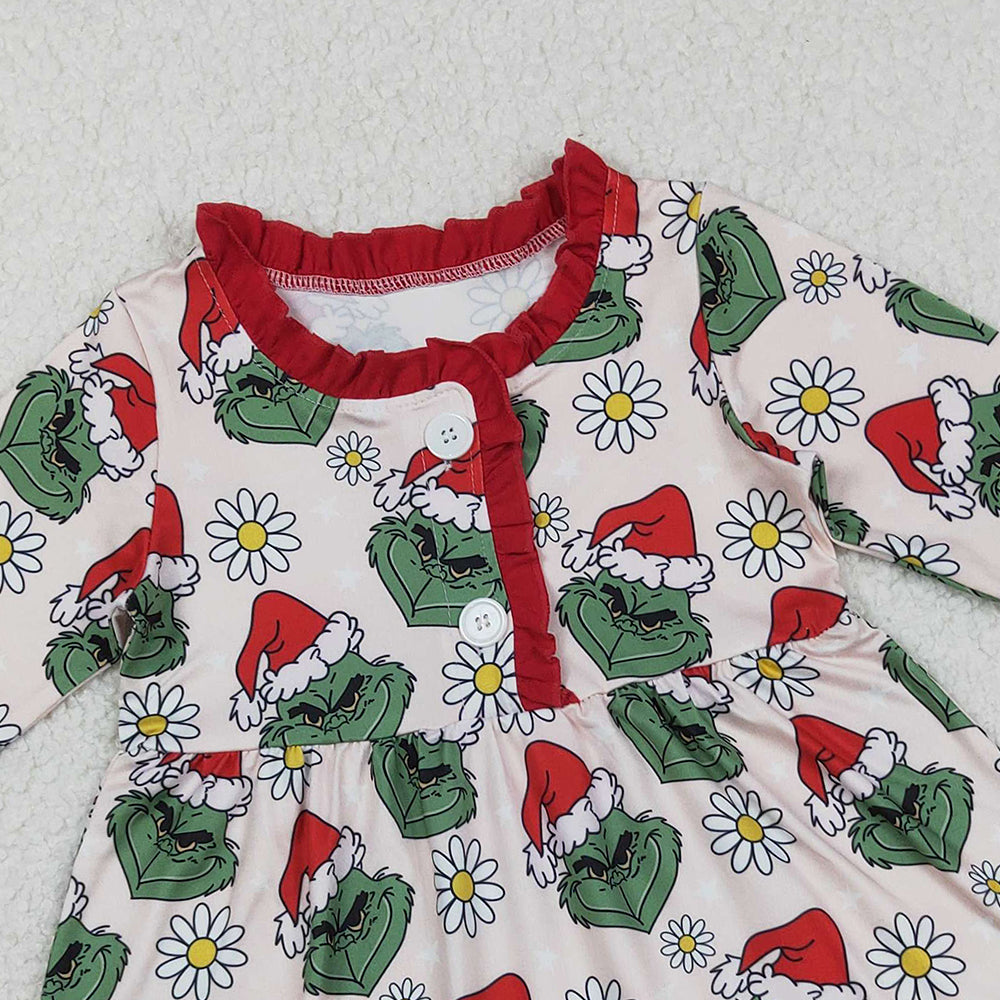 RTS NO MOQ (In stock)GLD1230 Baby Girls Winter Dress Button Christmas Green Face Flowers Knee Length Dress