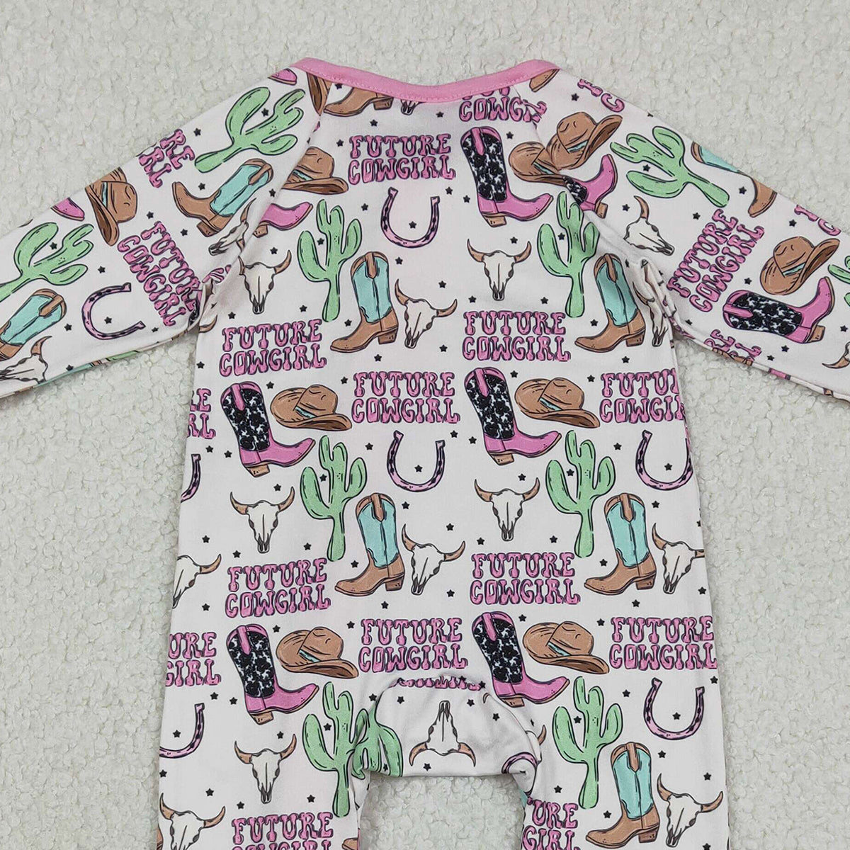 12.30 RTS NO MOQ (In stock)LR2945 Baby Girls Winter Rompers Baby Girls Cactus Cowgirls Western Two Way Zip Convertible Rompers