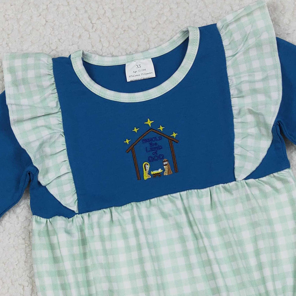 RTS NO MOQ (In stock) LR2477 Baby Girls Winter Rompers Long Ruffle Sleeves Nativity Christmas