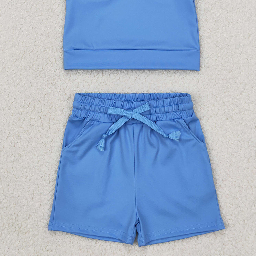 4.07 GSSO2132 RTS NO MOQ Baby Girls Summer Outfits Sleeveless light blue top pockets shorts girls active wear clothes