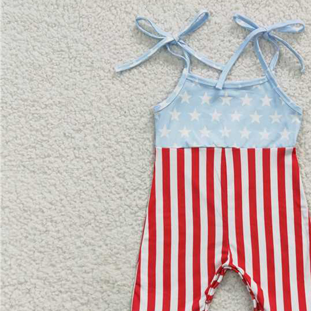 6.09 SR0385 RTS NO MOQ Baby Girls Summer Jumpsuits Sleeveless stripe bell bottom girls 4th of july jumpsuit