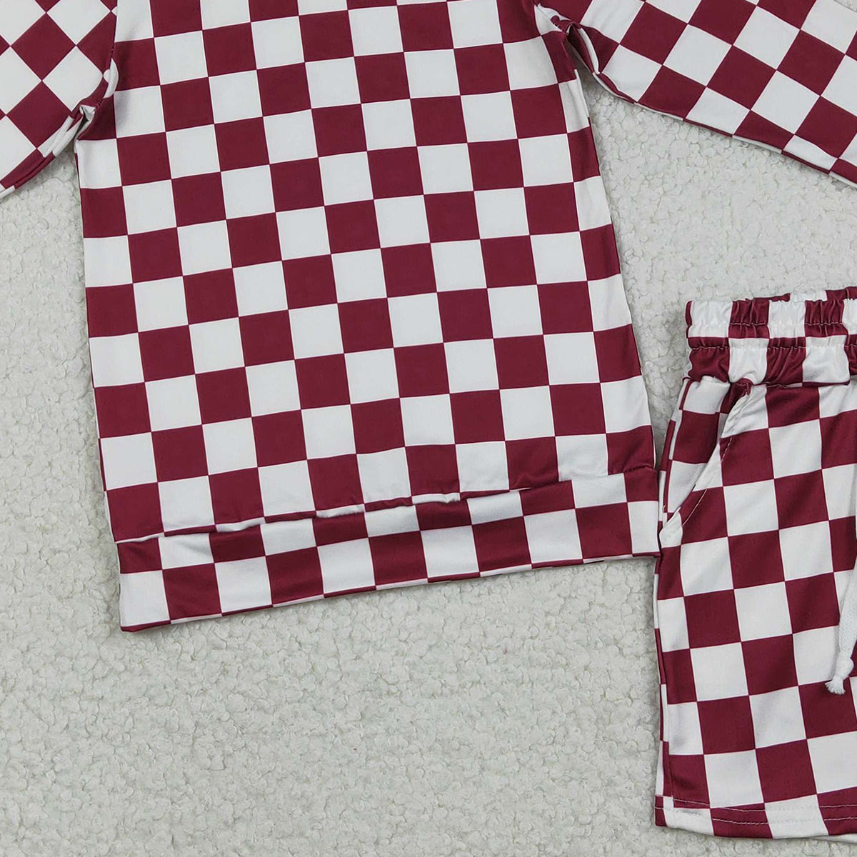 12.29 RTS NO MOQ (In stock)GLS0053 Baby Girls Long Sleeve Dark Red Checked Top Pockets Short Clothes Sets
