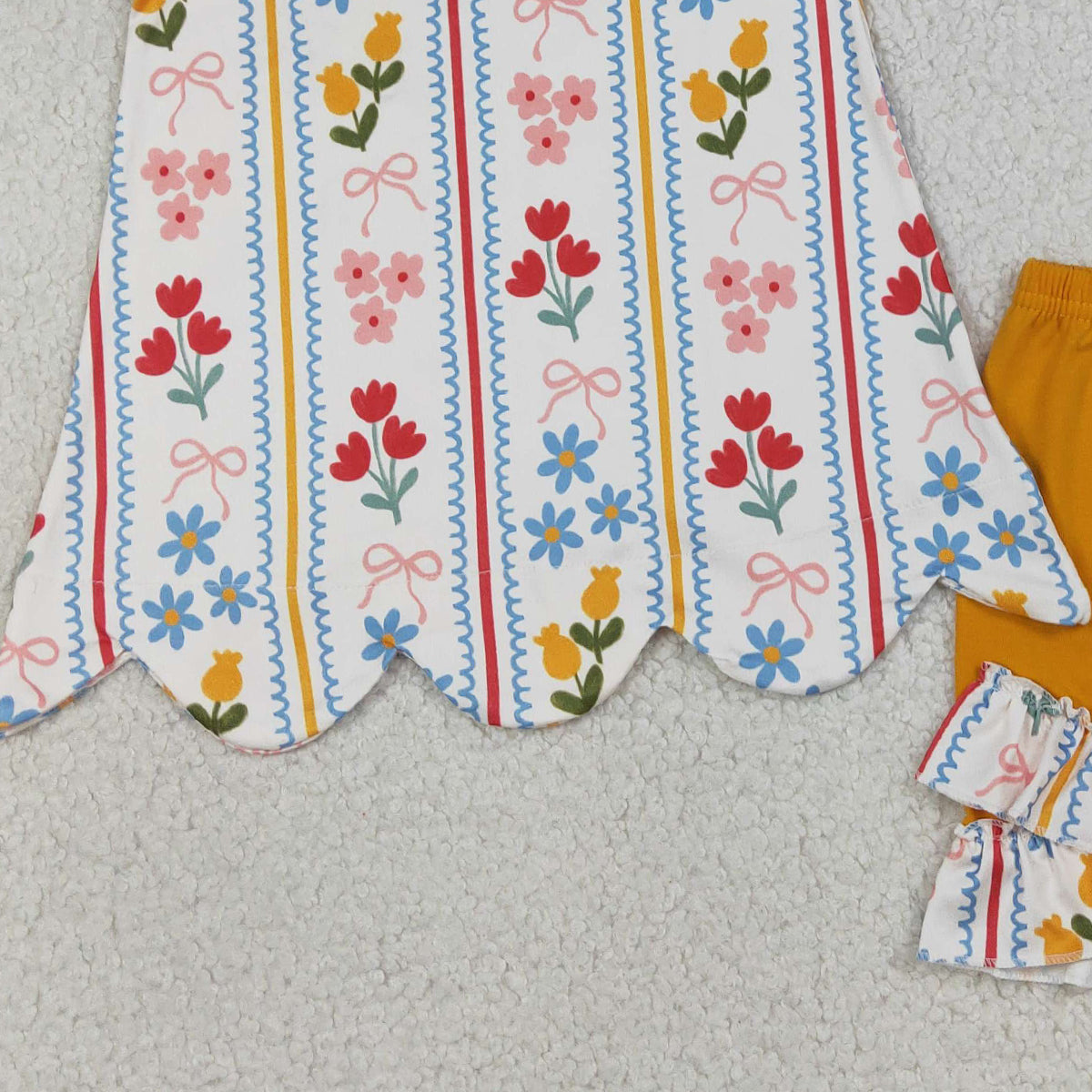 3.19 RTS NO MOQ (In stock)GSSO3388 Kids Clothing for Baby Girls Strap Bows Flowers Stripe Scallop Tunic Ruffle Shorts Clothes Set