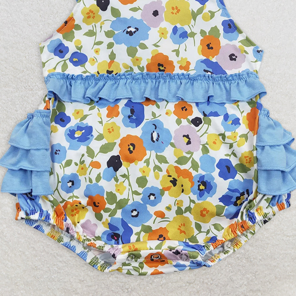 SR0824 RTS NO MOQ Baby Girls Summer Rompers Baby Girls Blue Flowers Tunic Ruffle Sibling Sister Rompers Dresses Clothes Sets