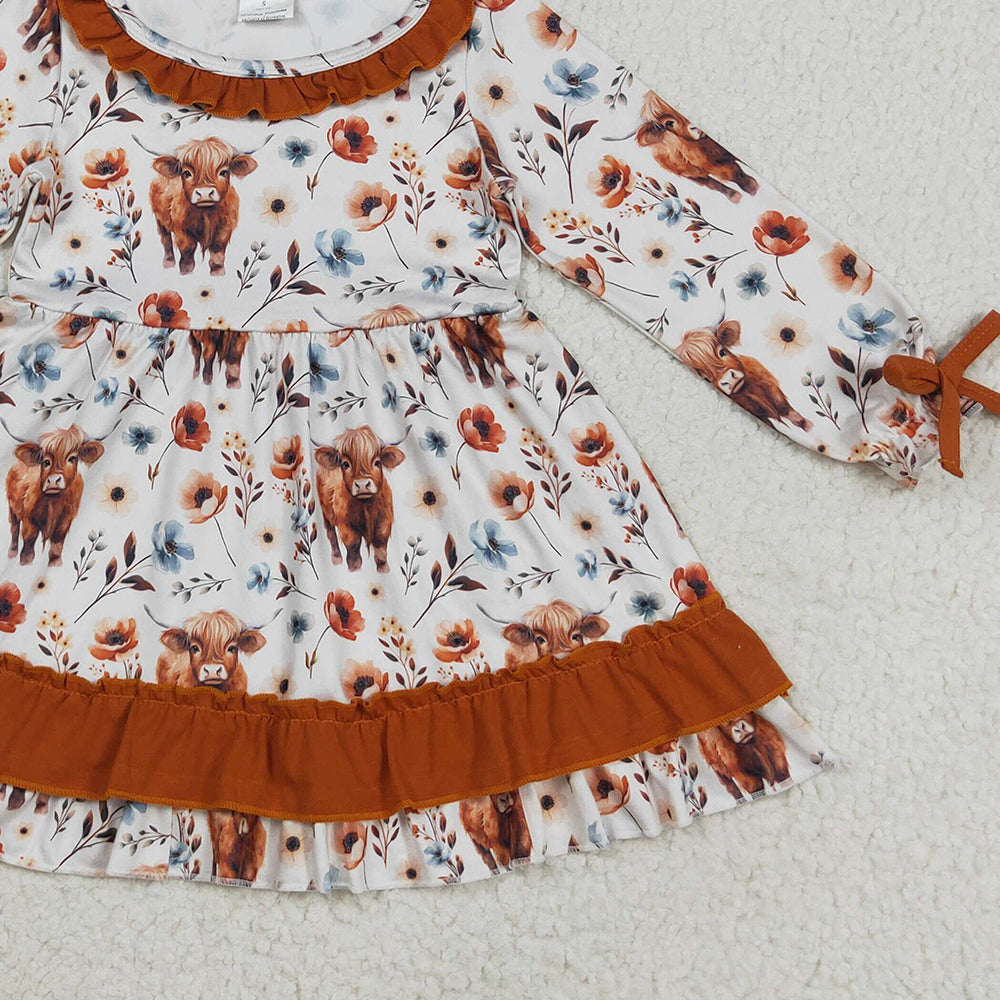 RTS NO MOQ (In stock)GLD0784 Baby Girls Winter Dress Baby Girls Western Flowers Highland Cow Knee Length Dresses