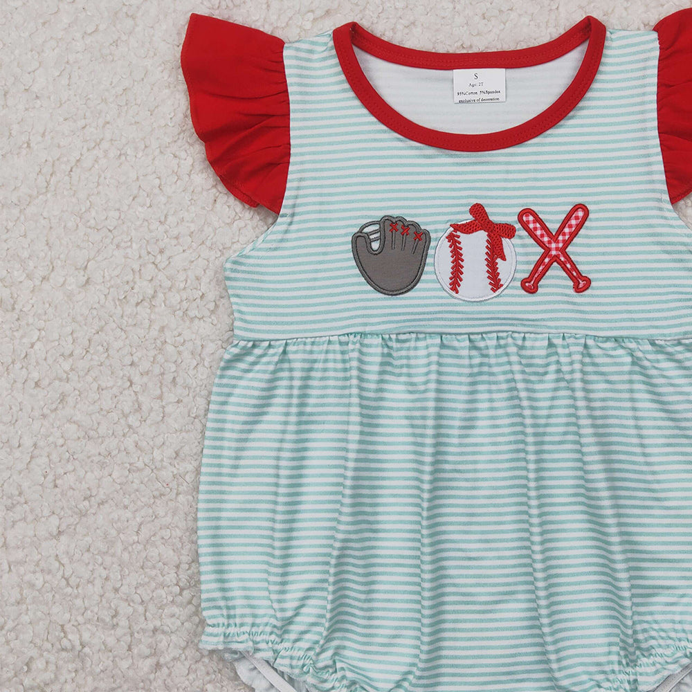 5.20 SR2892 RTS NO MOQ Baby Girls Summer Rompers Embroidery Flutter sleeves stripe baseball baby girls romper
