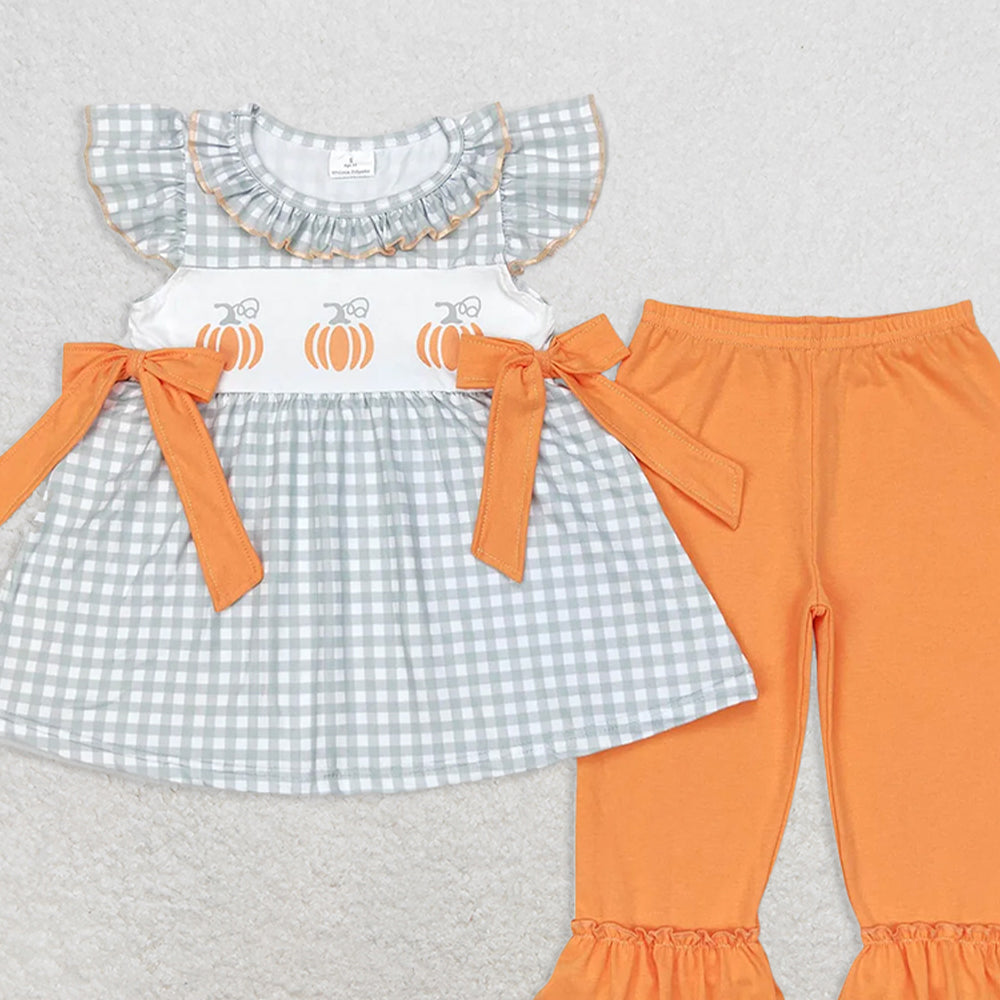 GSPO1533 RTS NO MOQ Baby Girls Spring Outfits Pumpkin orange bow green plaid flying sleeve trousers suit