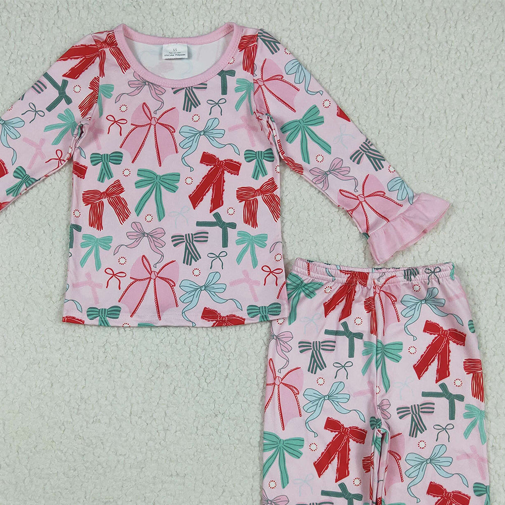 8.18 GLP2413RTS NO MOQ Baby Girls Winter Outfits Baby Girls Pink Long Ruffle Sleeves Colorful Bows Top Pant Pajamas Set