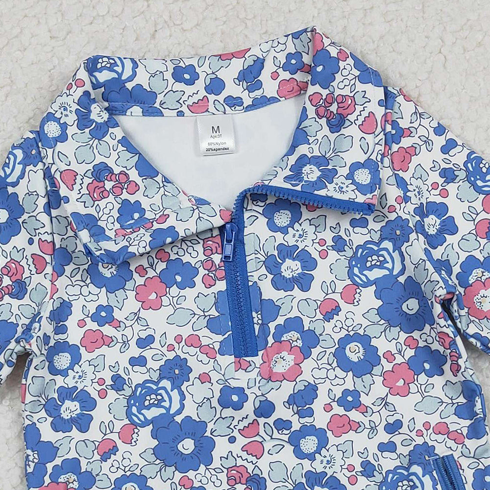 10.11 RTS NO MOQ (In stock)GT1192 Baby Girls Long Sleeve Tops Baby Girls Blue Pink Floral Zipper Pockets Yoga Active Pullovers Top