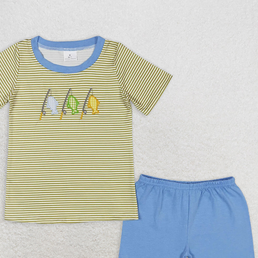 BSSO0732 RTS NO MOQ Baby Boys Summer Boys Outfits Baby Boys Stripes Fishing Short Sleeve Tee Shirts Tops Shorts Clothes Sets