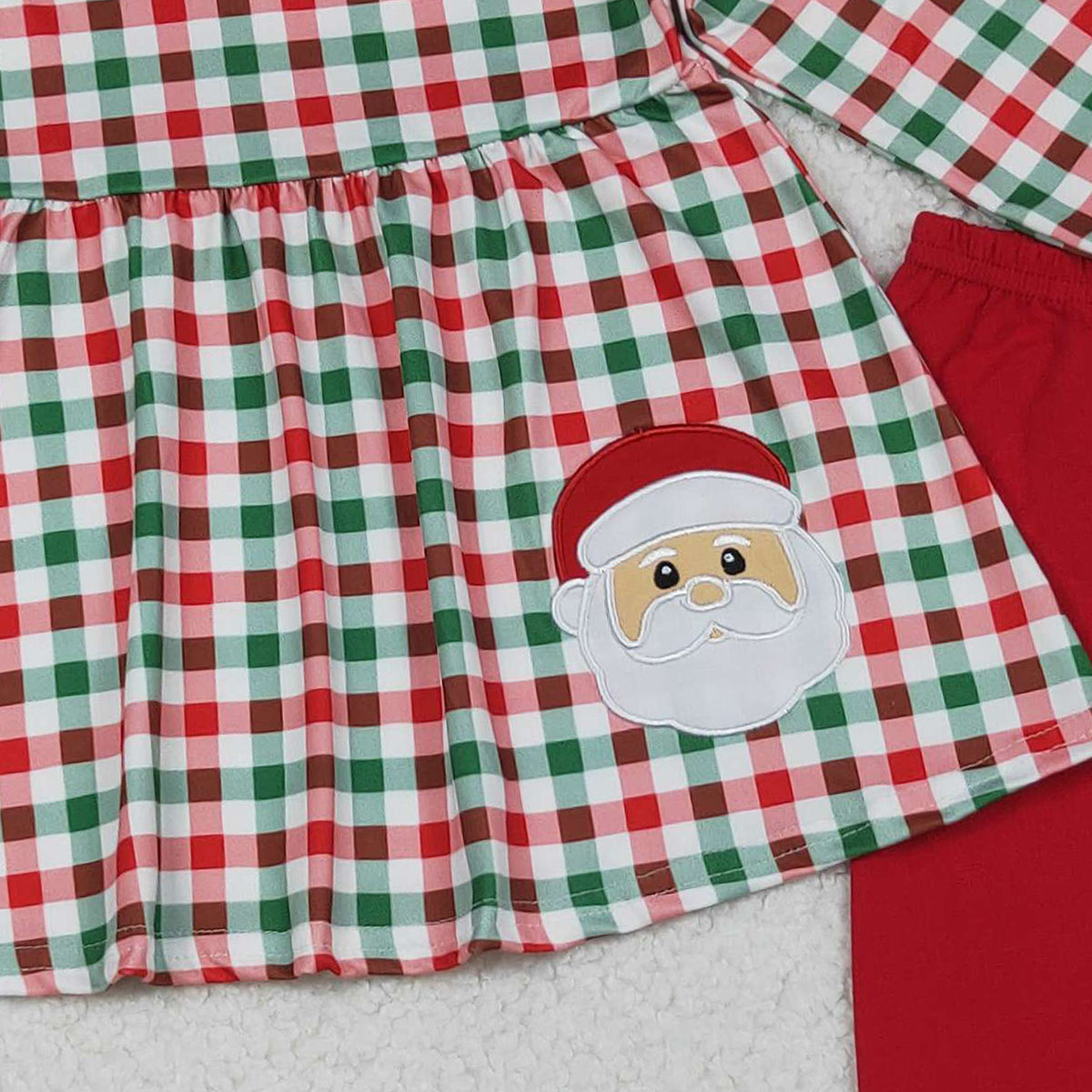 10.13 RTS NO MOQ (In stock)GLP2530 Embroidery Santa Baby Girls Green Red Checked Tunic Ruffle Pant Christmas Clothes Set