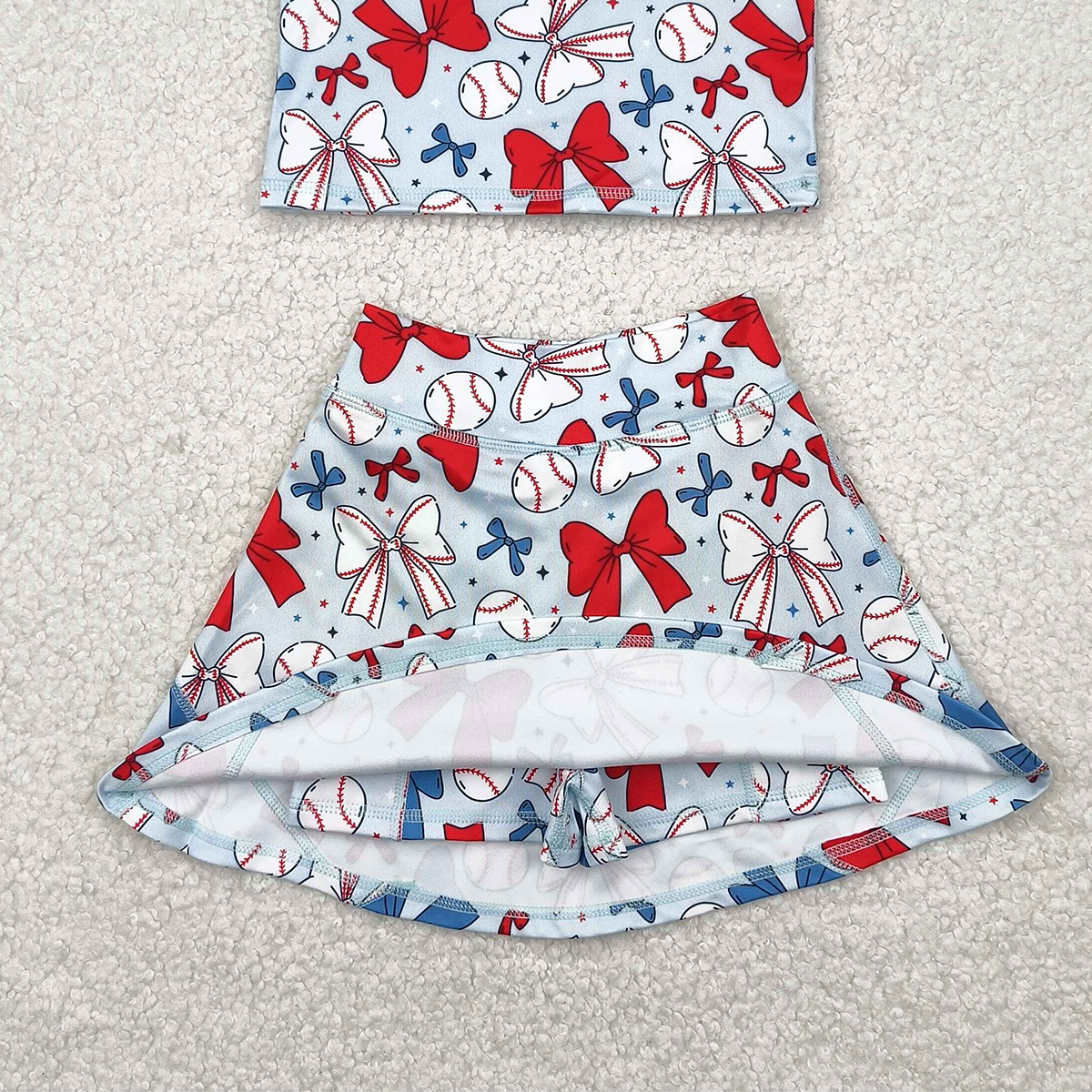 5.15 GSD2151 RTS NO MOQ Baby Girls Yoga Outfits Sleeveless baseball red blue bow kids girls active wear set