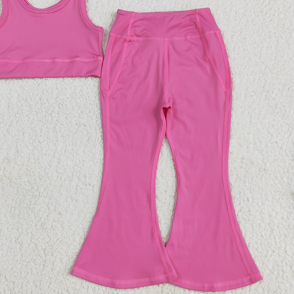 7.16 GSPO2002RTS NO MOQ Baby Girls Yoga Outfits Baby Girls Dark Pink Yoga Vest Bell Bottom Pants Active Wear Clothes Sets