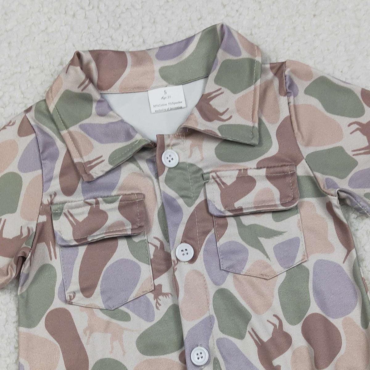 2.7 RTS NO MOQ (In stock)SR3544 Baby Boys Ducks Dogs Deer Camo Pockets Button Hunting Rompers