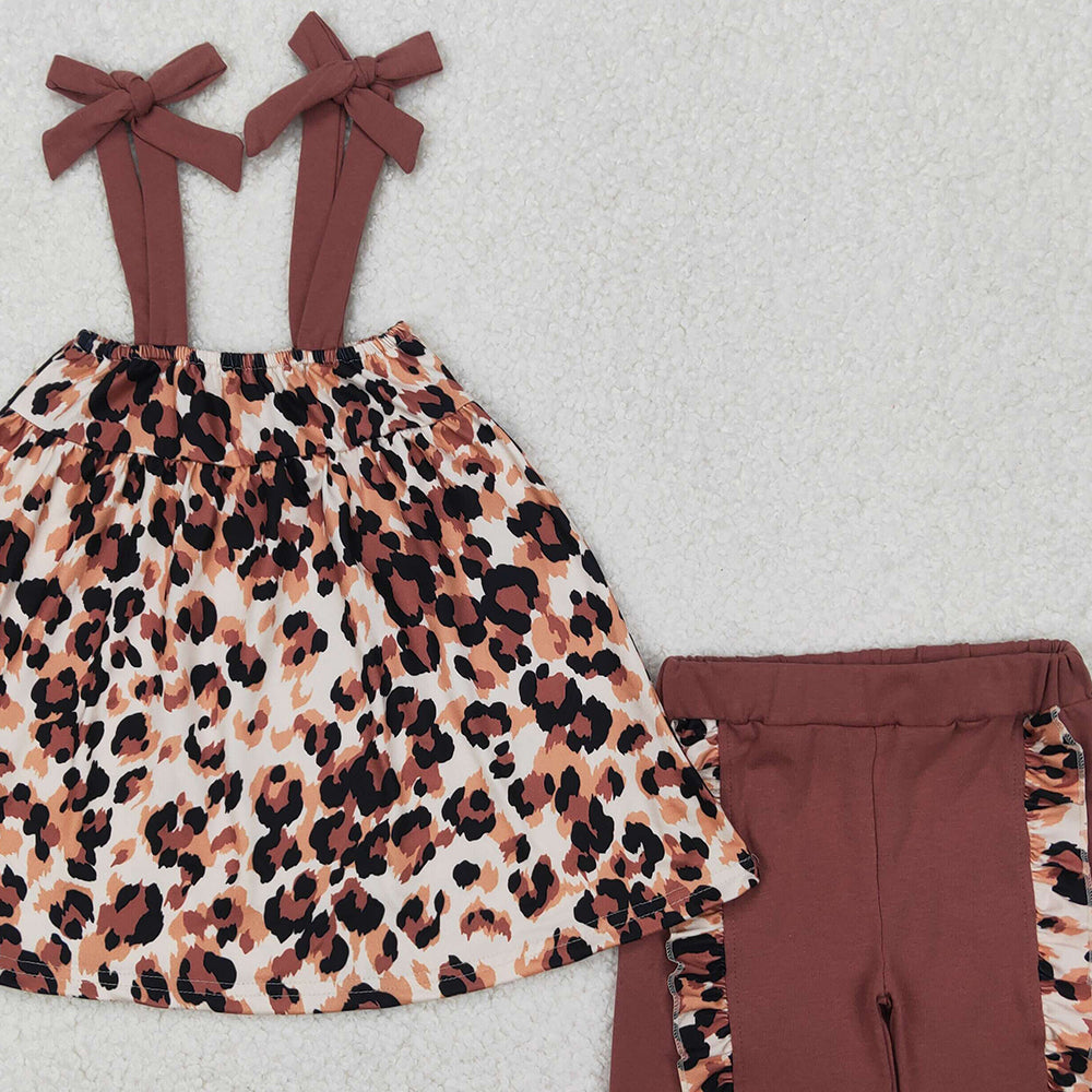 4.10 GSSO2352 RTS NO MOQ Baby Girls Summer Outfits Brown straps leopard tunic ruffle shorts girls clothes