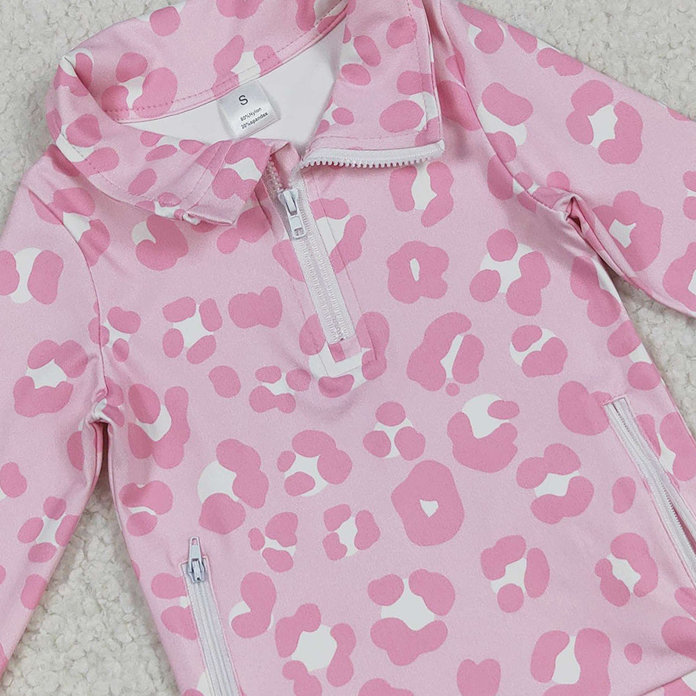 RTS NO MOQ (In stock)GT1070 Baby Girls Yoga Tops Baby Girls Pink Leopard Pockets Zipper Yoga Activite Jackets Top