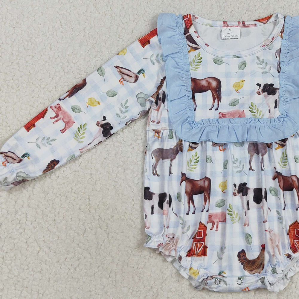RTS NO MOQ (In stock)LR2362 Baby Girls Winter Rompers Baby Girls Long Ruffle Sleeves Farm Houses Chicks Rompers