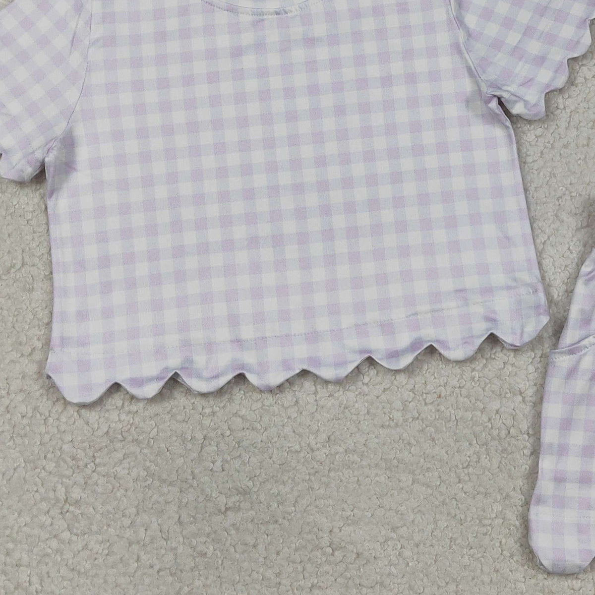 3.17 RTS NO MOQ (In stock)GSSO3181 Fashion Clothing For Baby Girls Lavender Checked Shirts Top Scallop Shorts Clothes Sets