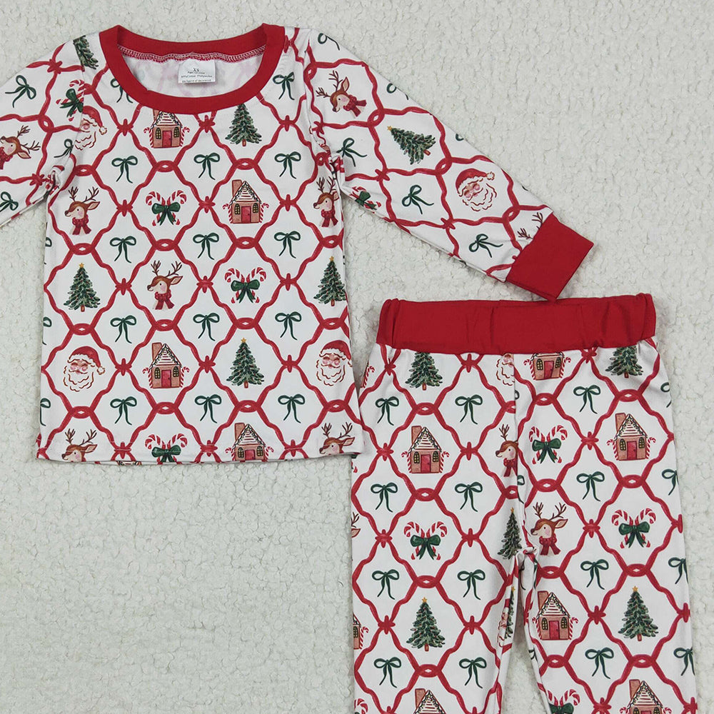 8.18 GLP2391 RTS NO MOQ Baby Girls Winter Outfits Baby Girls Long Sleeves Bows Gingerbread Plaid Top Pant Pajamas Set
