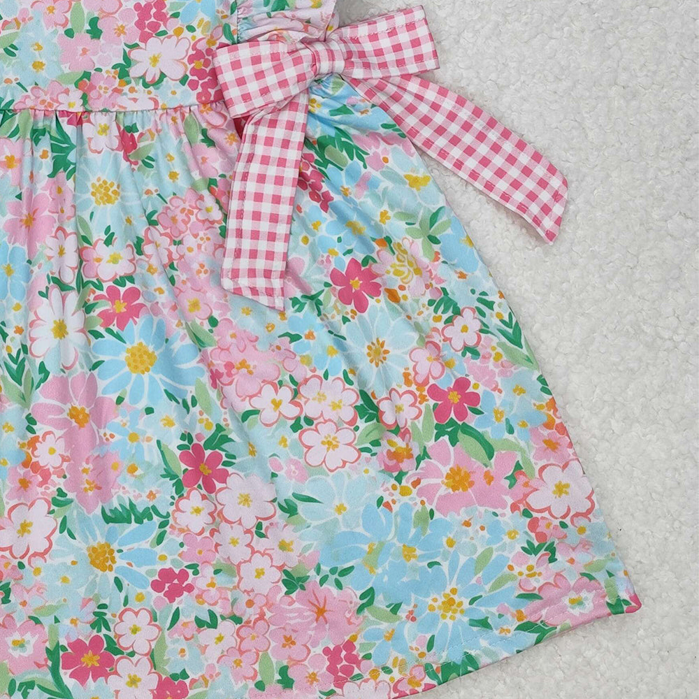 GSD1962Floral Pink Plaid Bow Baby Girls Sleeveless Summer Dress Cute Children's Clothing