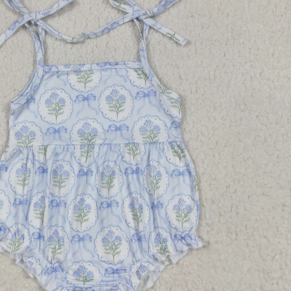 SR3117 RTS NO MOQ Baby Girls Summer Rompers Straps blue bow floral baby girls summer romper