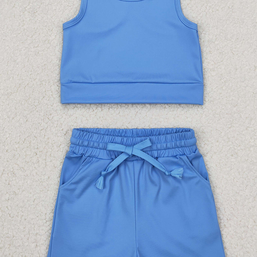 4.07 GSSO2132 RTS NO MOQ Baby Girls Summer Outfits Sleeveless light blue top pockets shorts girls active wear clothes