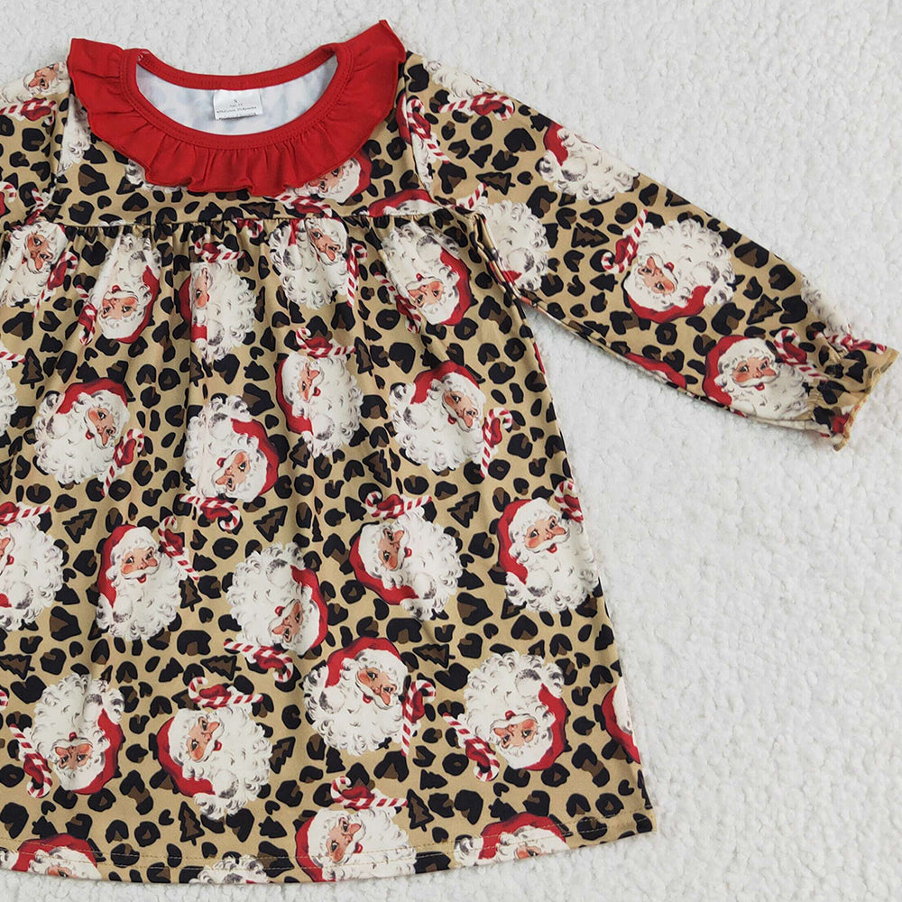 8.13 GLD1065 RTS NO MOQ Baby Girls Winter Dress Baby Girls Christmas Santa Leopard Knee Length Dresses