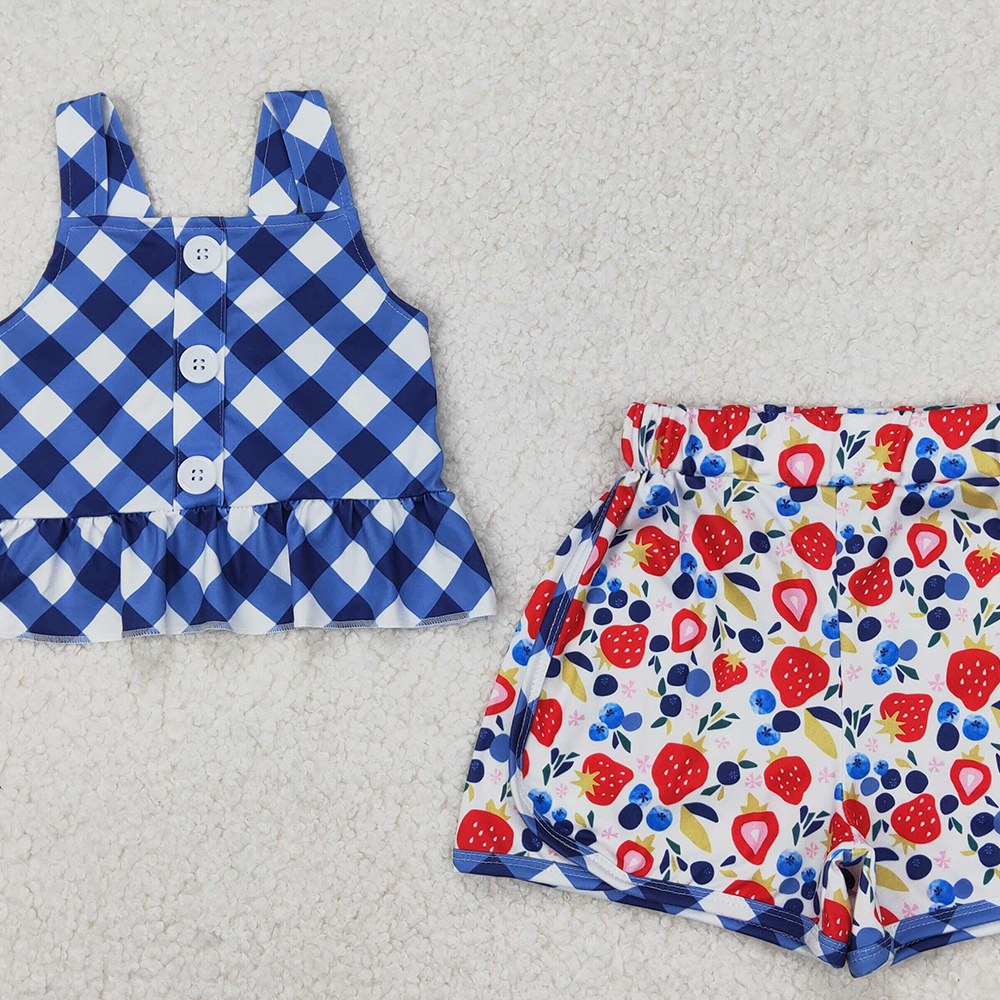 6.11 GSSO2025 RTS NO MOQ Baby Girls Summer Outfits Baby Girls Blue Plaid Sleeveless Button Down Tunic Strawberry Short Set