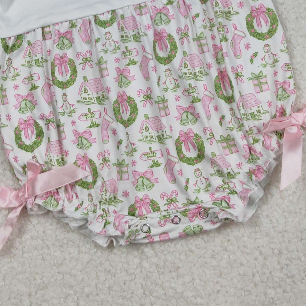RTS NO MOQ (In stock)LR2325 Baby Girls Winter Rompers Baby Girls Long Sleeves Pink Gifts Bows Holly Plaid Ruffle Rompers