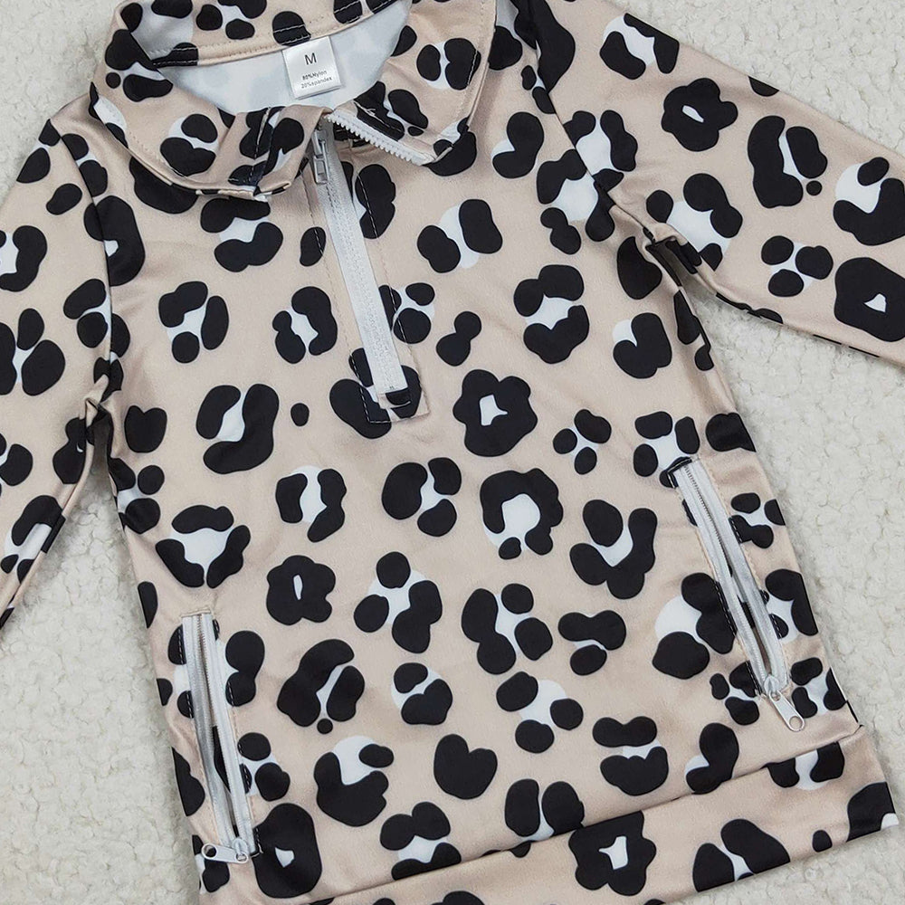 8.22 RTS NO MOQ (In stock)GT1072 Baby Girls Yoga Tops Baby Girls Long Sleeves Black Leopard Pockets Zipper Yoga Jackets