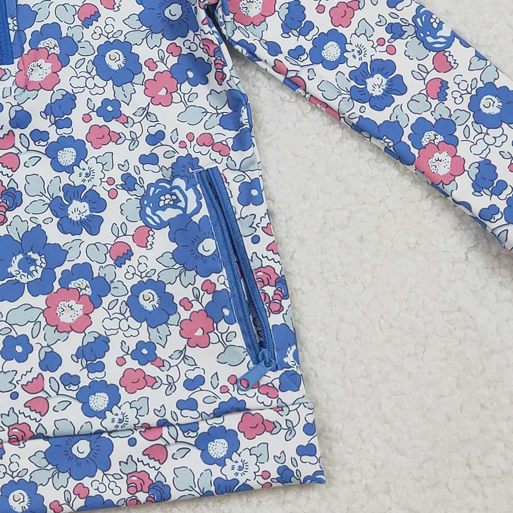 10.11 RTS NO MOQ (In stock)GT1192 Baby Girls Long Sleeve Tops Baby Girls Blue Pink Floral Zipper Pockets Yoga Active Pullovers Top