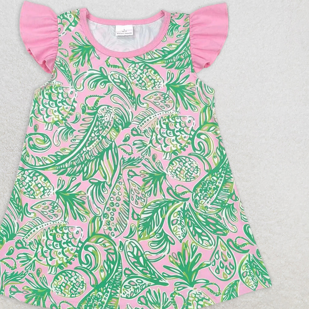 GT0561 RTS NO MOQ Baby Girls Summer Tops Baby Girls Hot Pink Gren Fish Peart Tunic Top