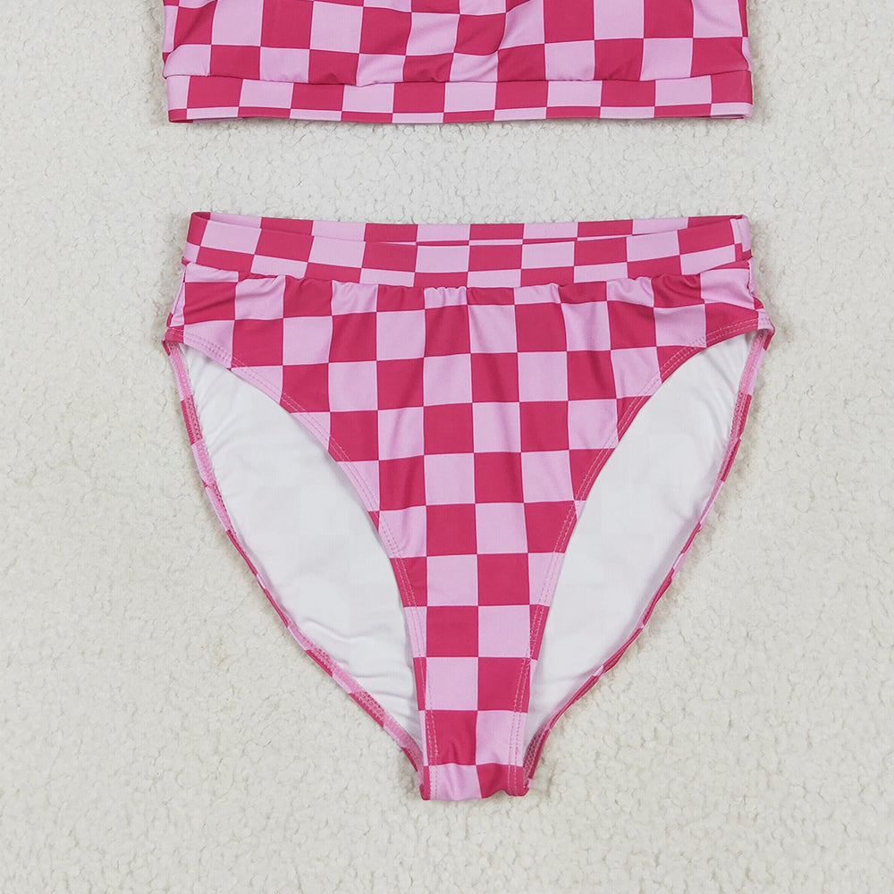 S0561+S0560 RTS NO MOQ Adult Women's Swimsuit Adult Women Pink Checkered Bra Swim Top Adult Women Pink Checkered Swim Bottom Sets