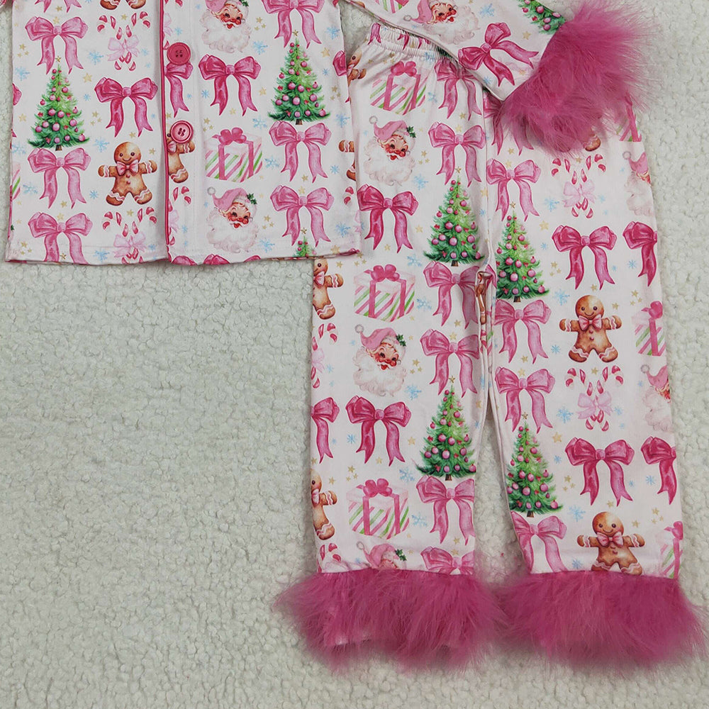8.18 RTS NO MOQ (In stock)GLP2375 Baby Girls Winter Outfits Baby Girls Hot Pink Long Sleeves With Fur Bows Gingerbread Trees Button Top Pants Pajamas Set