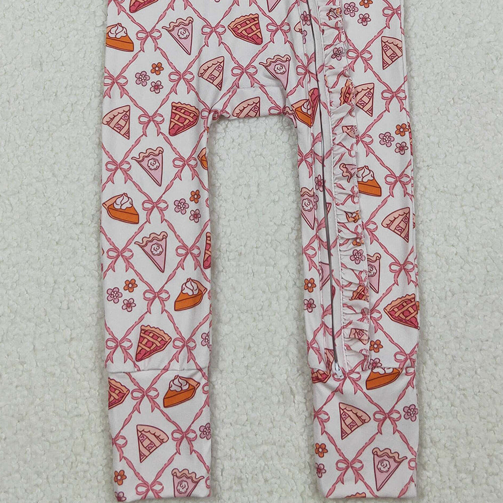 RTS NO MOQ (In stock) LR2594 Baby Girls Winter Rompers Pink Bows Thanksgiving Cake Fall Zipper Footie Rompers
