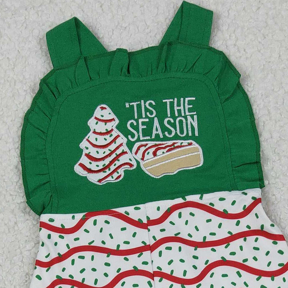 RTS NO MOQ (In stock)SR3178 Baby Girls Summer Jumpsuits Girls Green Ruffle Straps Christmas Tree Cake Jumpsuit