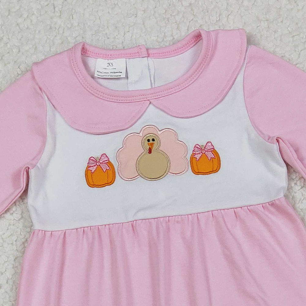 RTS NO MOQ (In stock)LR2563 Baby Girls Winter Rompers Embroidery Pumpkins Turkey Baby Thanksgiving Pink Fall Footed Rompers