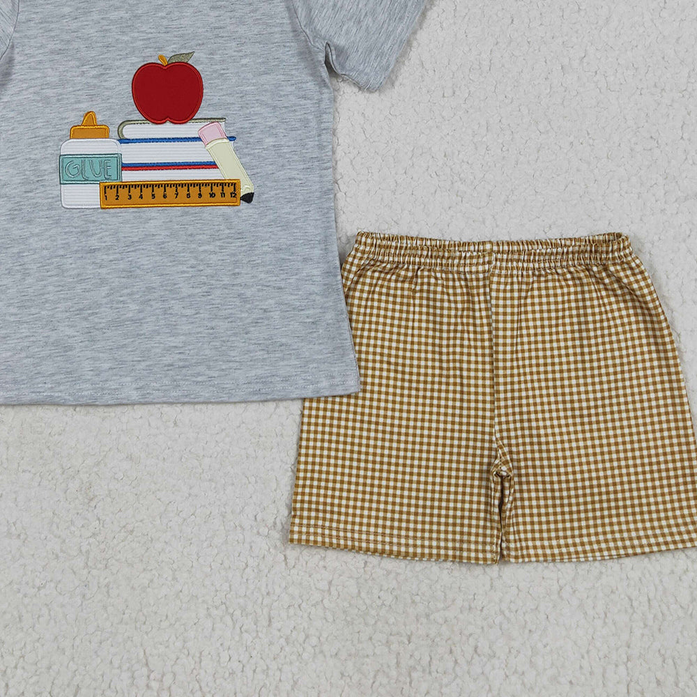 8.13 BSSO1281 RTS NO MOQ Baby Boys Summer Boys Outfits Embroidery Baby Boys Apple Back To School Books Shirt Shorts Sets