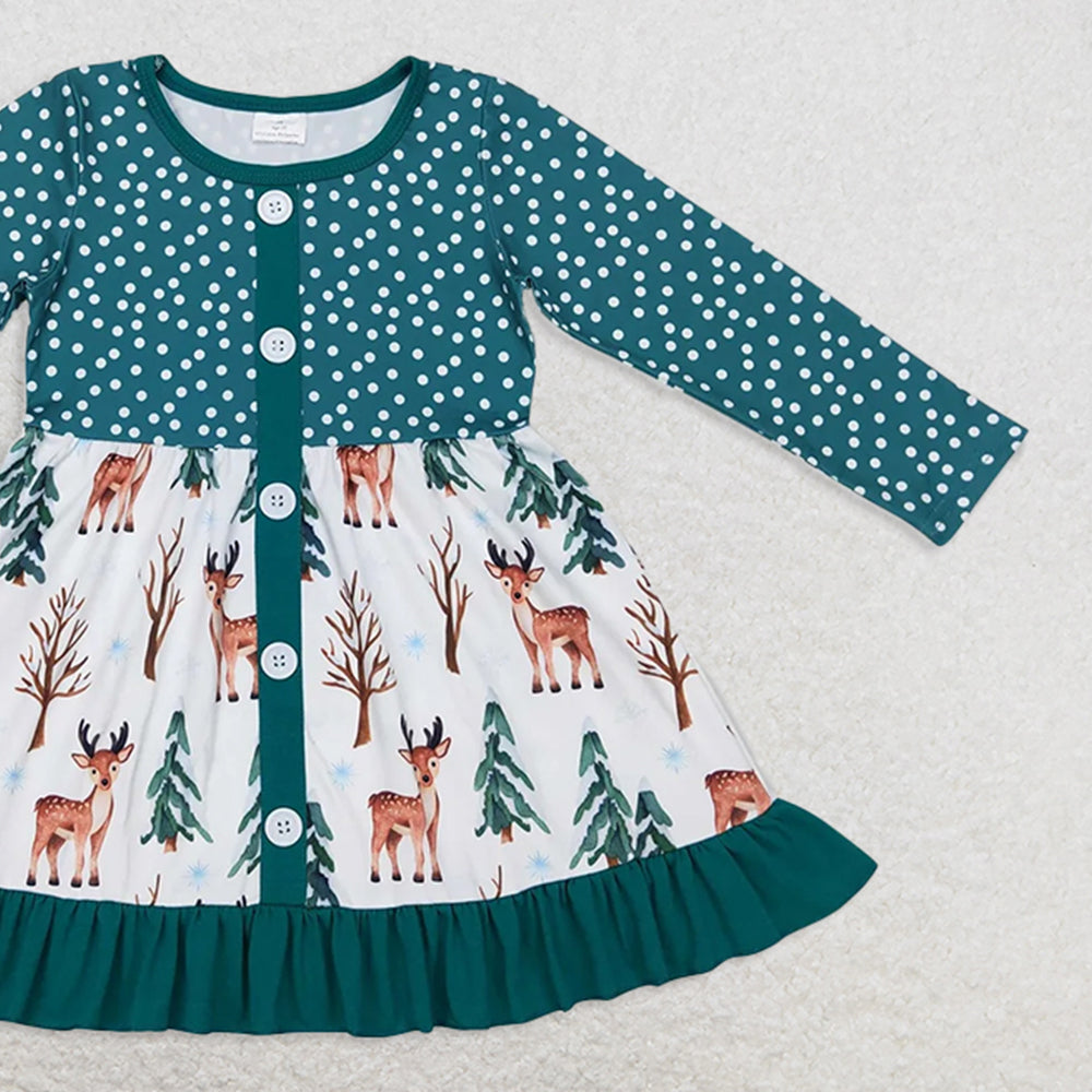 GLD0429 RTS NO MOQ Baby Girls Winter Dress Baby Girls Christmas Tree Deer Long Sleeve Ruffle Dresses