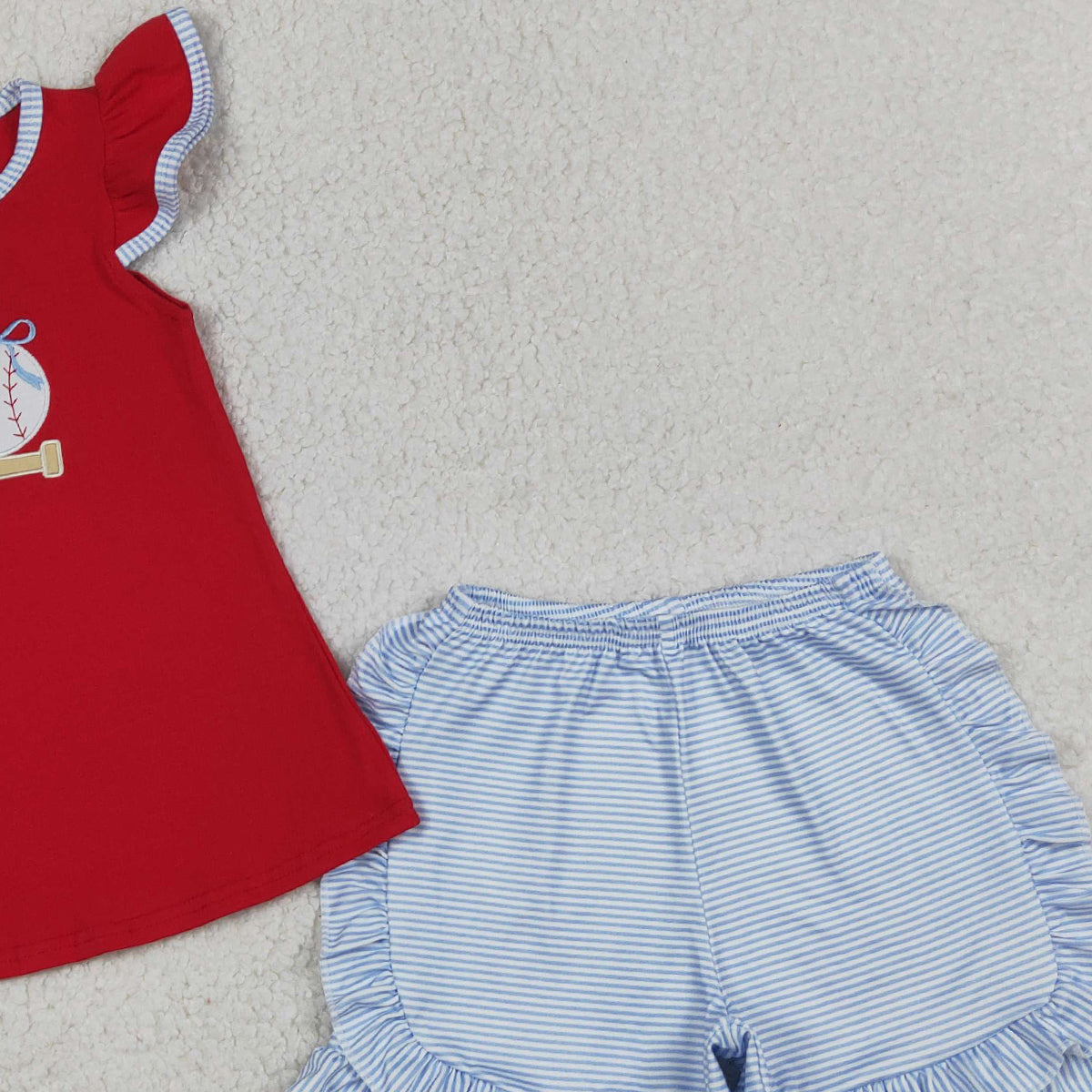 4.3 GSSO3246 RTS NO MOQ (In stock )Baseball bow top stripe shorts girls summer outfit